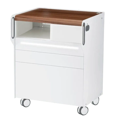 Szafka podologiczna RUCK ROOM move M LED, 3 szuflady, CPL orzech, wnęka lewa, otwór na lampę po prawej stronie