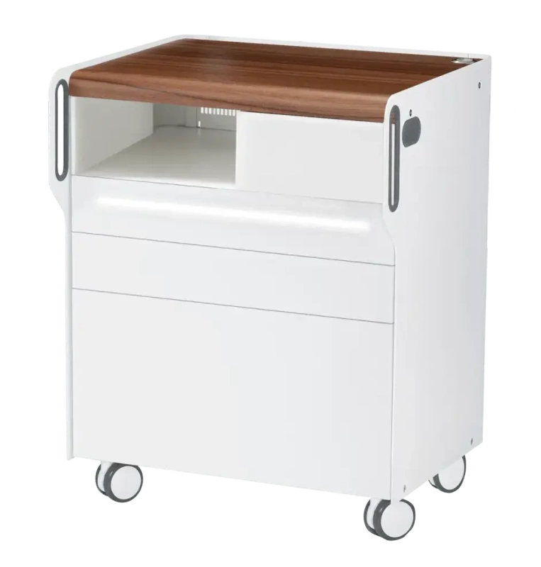 Szafka podologiczna RUCK ROOM move M LED, 3 szuflady, CPL orzech, wnęka lewa, otwór na lampę po prawej stronie