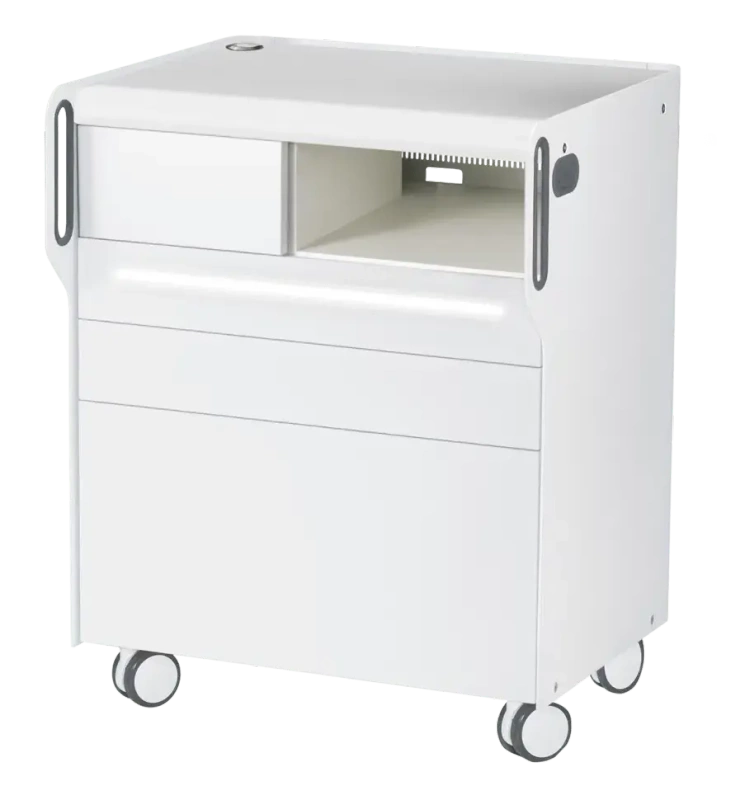 Szafka podologiczna RUCK ROOM move M LED, 3 szuflady, CPL biały, wnęka prawa, otwór na lampę po lewej stronie