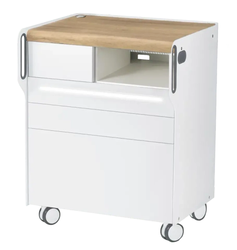 Szafka podologiczna RUCK ROOM move M LED, 3 szuflady, CPL dąb, wnęka prawa, otwór na lampę po lewej stronie