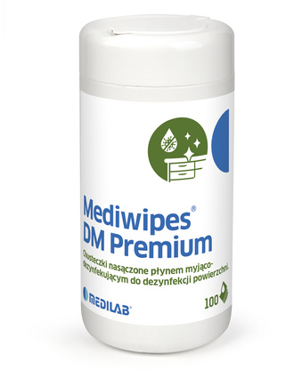 Medilab Mediwipes DM Premium chusteczki do dezynfekcji delikatnych powierzchni, pojemnik + wkład 100 szt.