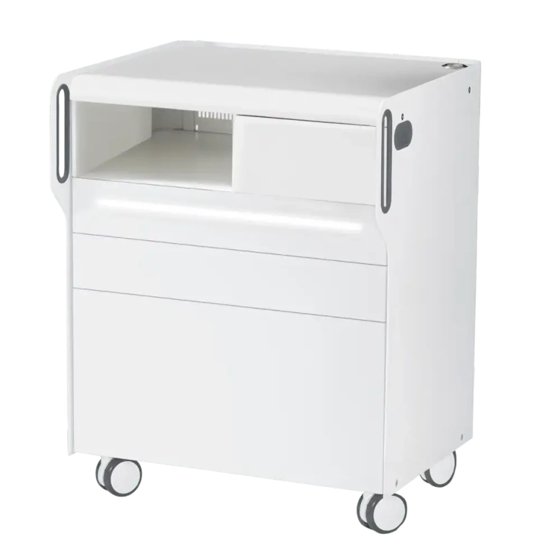 Szafka podologiczna RUCK ROOM move M LED, 3 szuflady, CPL biały, wnęka lewa, otwór na lampę po prawej stronie