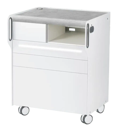 Szafka podologiczna RUCK ROOM move M LED, 3 szuflady, CPL Szary, wnęka prawa, otwór na lampę po lewej stronie