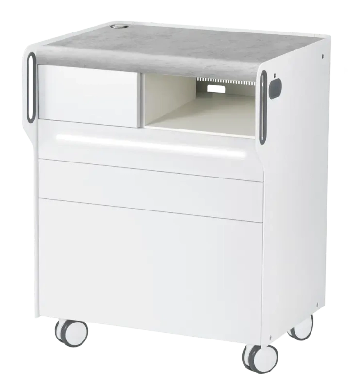 Szafka podologiczna RUCK ROOM move M LED, 3 szuflady, CPL Szary, wnęka prawa, otwór na lampę po lewej stronie