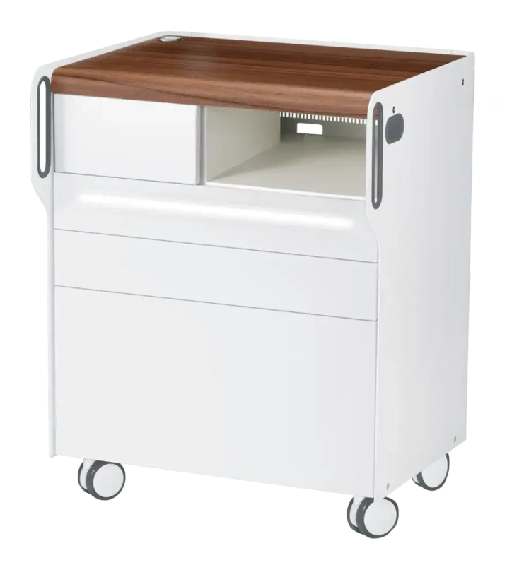 Szafka podologiczna RUCK ROOM move M LED, 3 szuflady, CPL orzech, wnęka prawa, otwór na lampę po lewej stronie