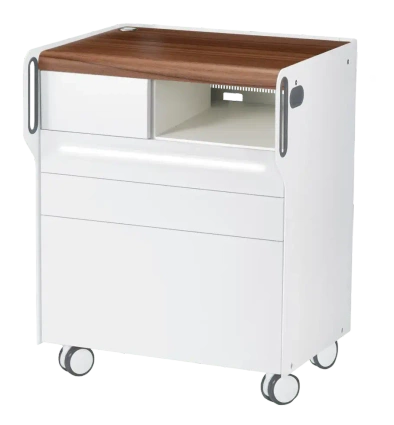 Szafka podologiczna RUCK ROOM move M LED, 3 szuflady, CPL orzech, wnęka prawa, otwór na lampę po lewej stronie