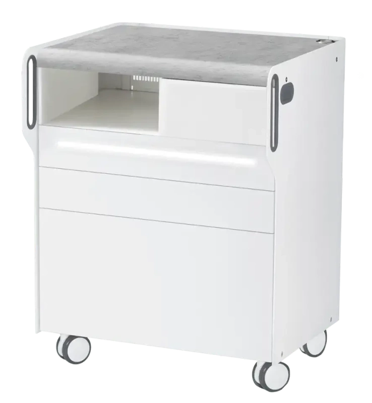 Szafka podologiczna RUCK ROOM move M LED, 3 szuflady, CPL Szary, wnęka lewa, otwór na lampę po prawej stronie